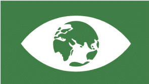 A green and white eye icon with the word earth in it, symbolizing global communities.